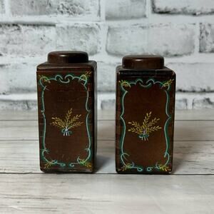 Vintage Wood Pecker Wooden Salt and Pepper Shaker Square Rectangle Painted MCM